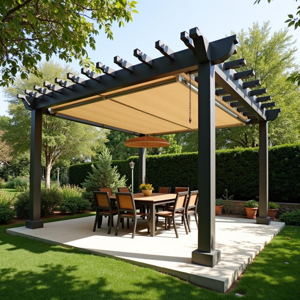 Mẫu mái che pergola kết hợp bạt cuốn đẹp cho nhà vườn